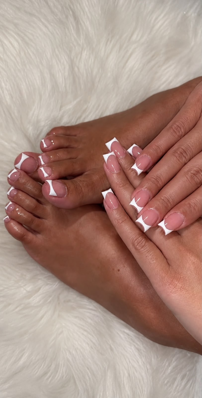 White & Nude Geometric French Nails
