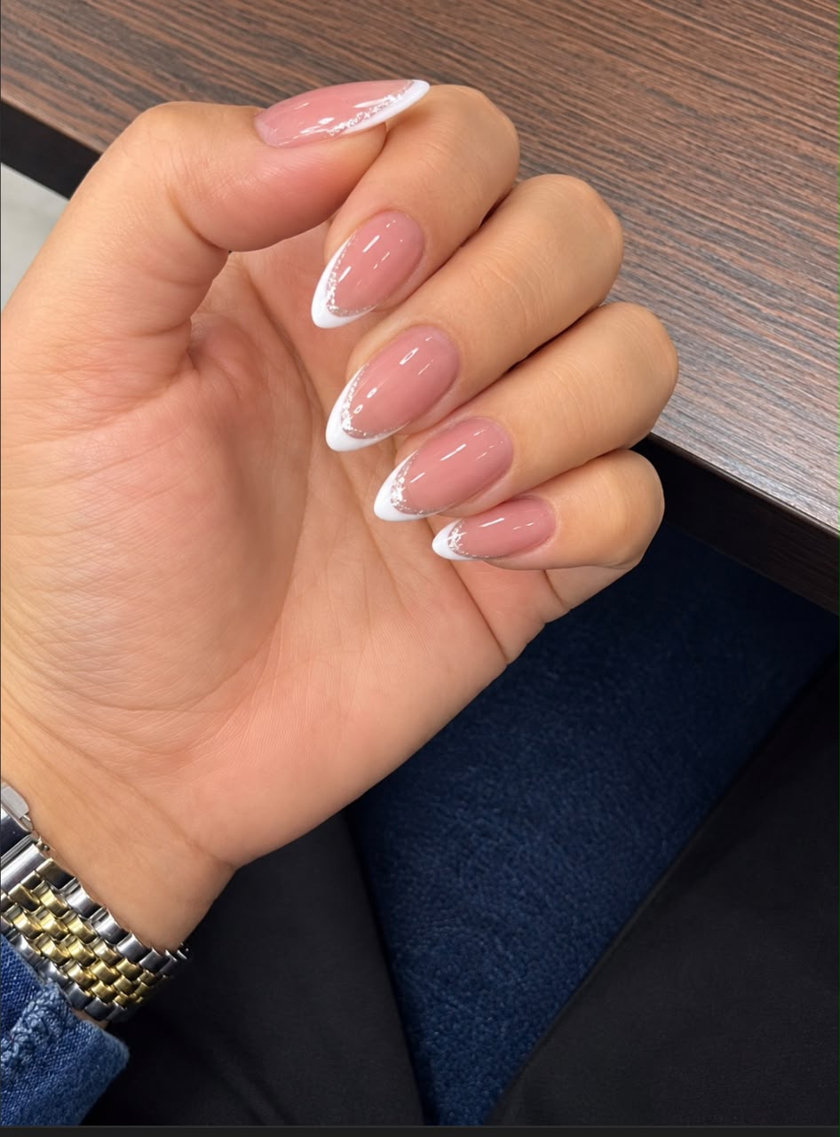 Elegant Pink French Tip Nails with Silver Shimmer