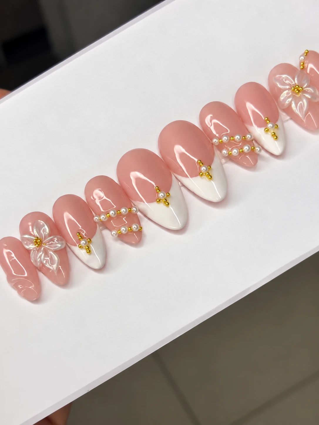 Pink French Press-On Nails with Pearls and Flowers