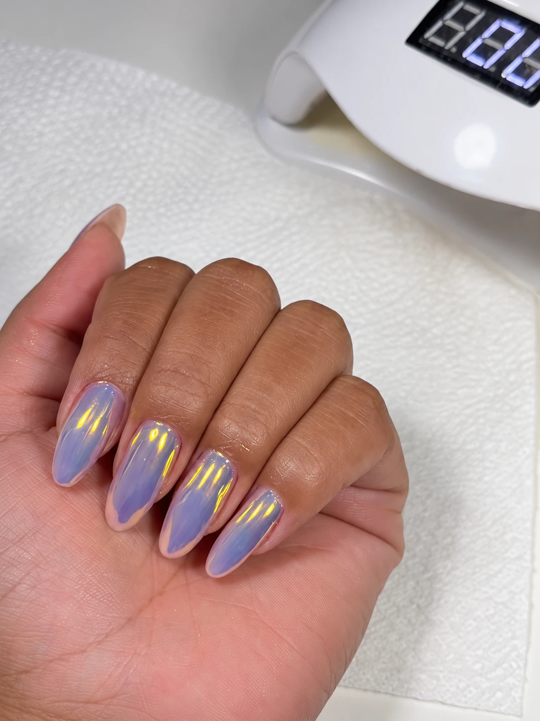 Lavender Chrome Almond Nails: Detail View