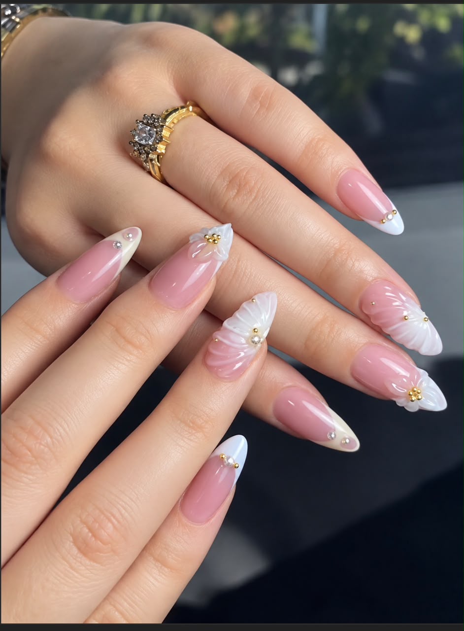 Pink 3D Flower French Tip Nails